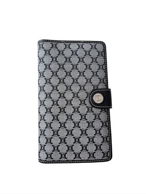 Celine Paris Black Grey Triomphe Fabric Leather Long Wallet